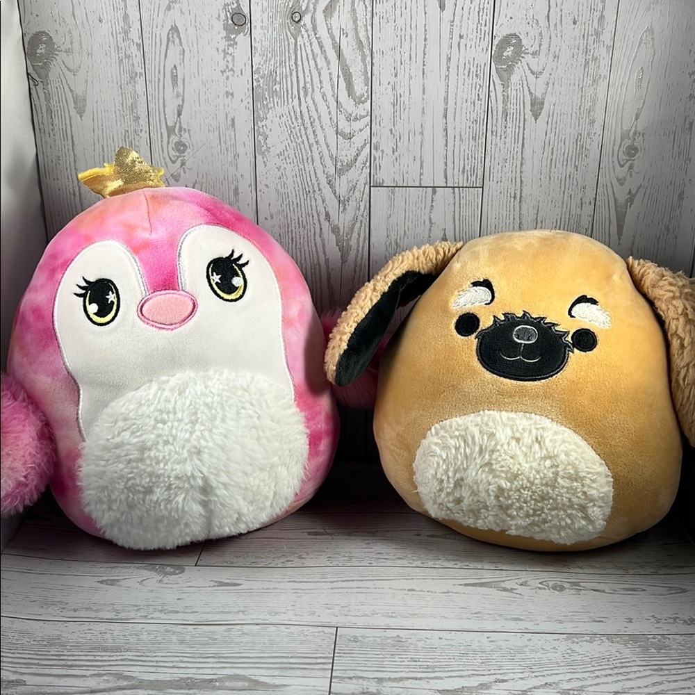 Squishmallow Pink Penguin and Tan Dog Plush Duo - slight damage see pictures